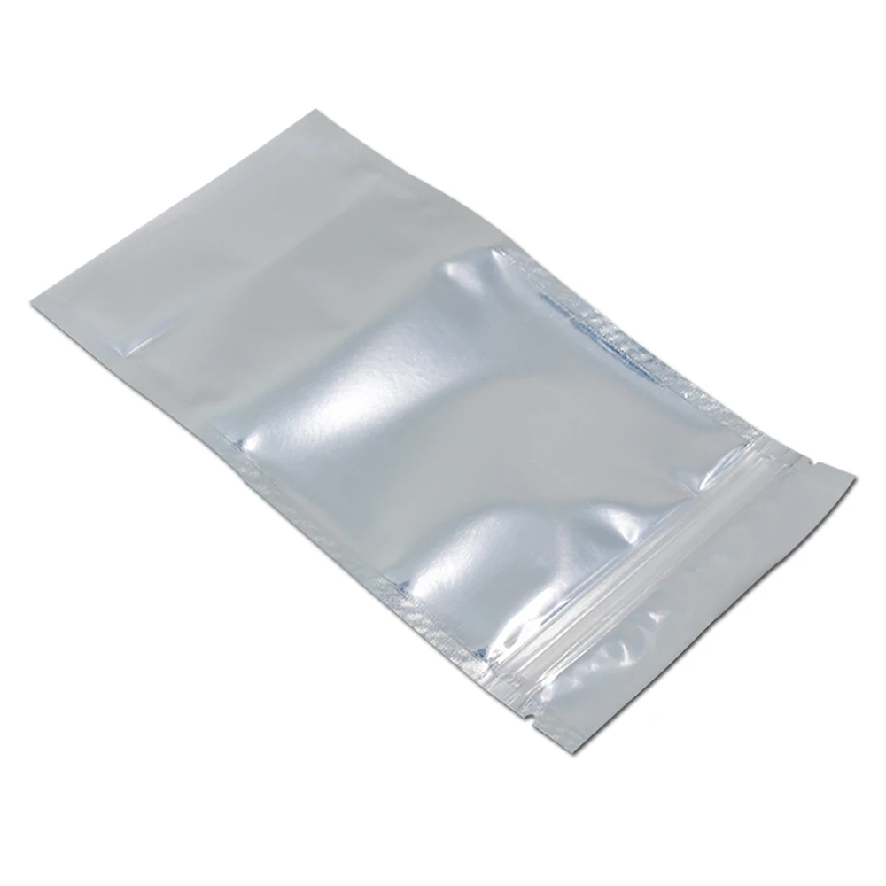 Прозрачный пластиковый пакет мешки из алюминиевой фольги на молнии серебристые