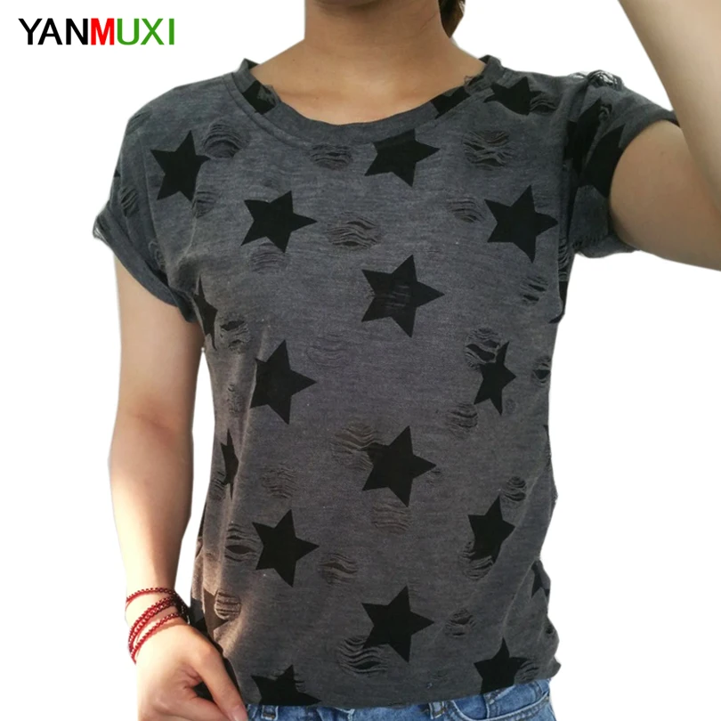 2017 женщин плюс размер отверстие футболка дамы короткий рукав звезда печати