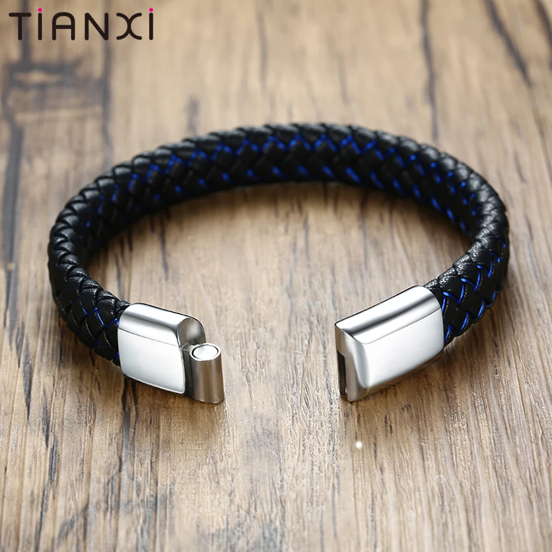 TIANXI Для мужчин браслет синий черный плетеный кожаный Нержавеющая сталь мужской