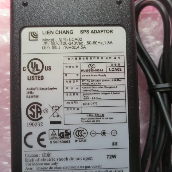 Новый оригинальный 16V 4.5A 4PIN адаптер зарядное устройство для LG Monitor LCA02 Замена 15V