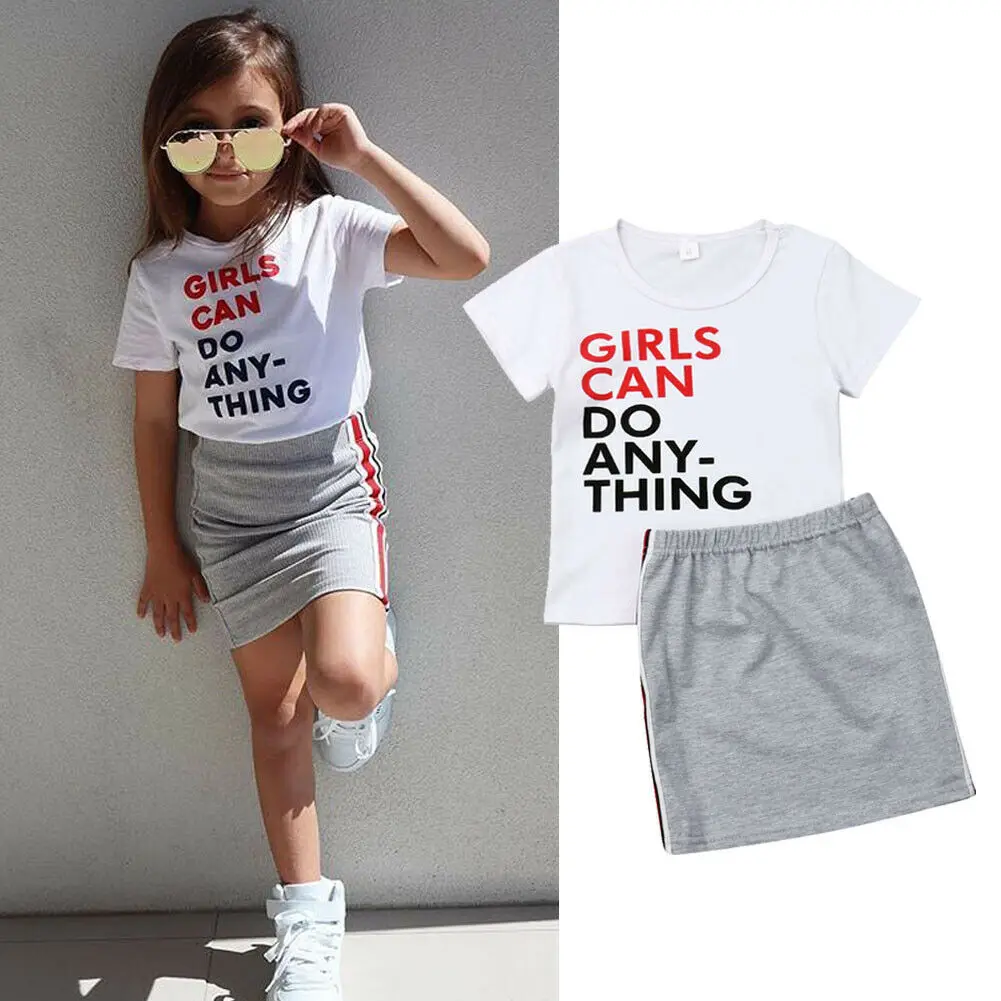 

2PCS Toddler Kids Baby GirlsClothes Outfit Shirt Tops+Shorts Skirt Dresses Clothing Sport Style Set Girl Can Do Anything 1-6Y
