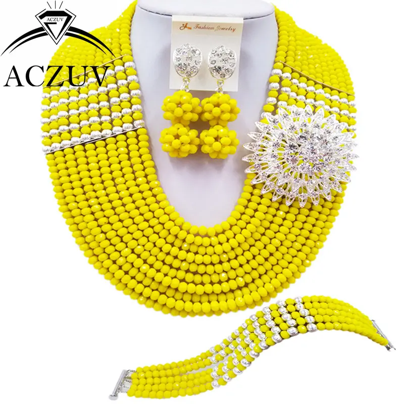 

ACZUV 10 Rows Opaque Yellow African Beads Necklace Nigerian Wedding Bridal Crystal Jewelry Sets 10LBJZ026