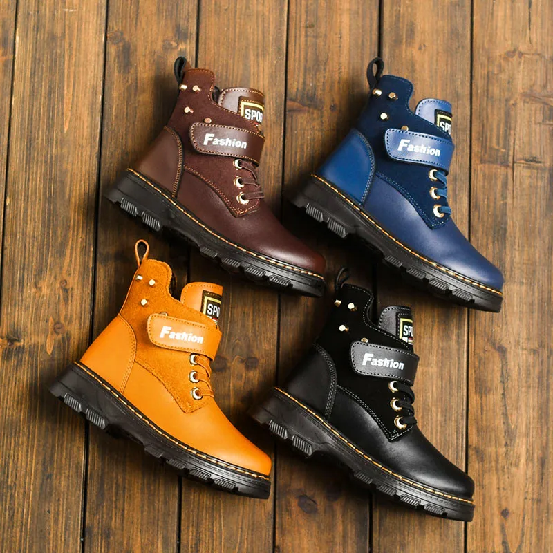 New Children Boots Autumn Winter Genuine Leather School Boy Shoes Fashion Snow Plush Warm Waterproof Kids High-top | Мать и ребенок