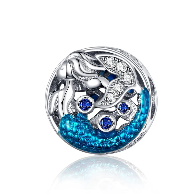 Подходит для браслета Pandora, серебро 925,, голубой морской циркон, бисер русалки, S925 CZ, рыбий хвост, жемчужные подвески для изготовления ювелирных изделий - Окраска металла: asd1209-1