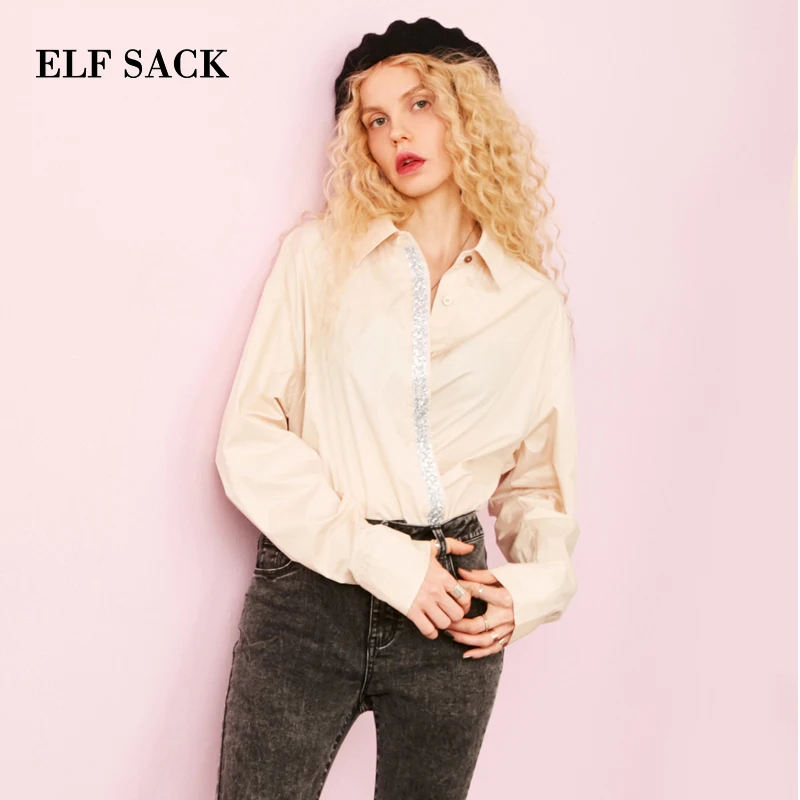 ELFSACK, осенняя Новинка, женская рубашка с отложным воротником, женская блузка, повседневная, с длинным рукавом, Корейская, винтажная, женская блузка, уличная одежда, топы