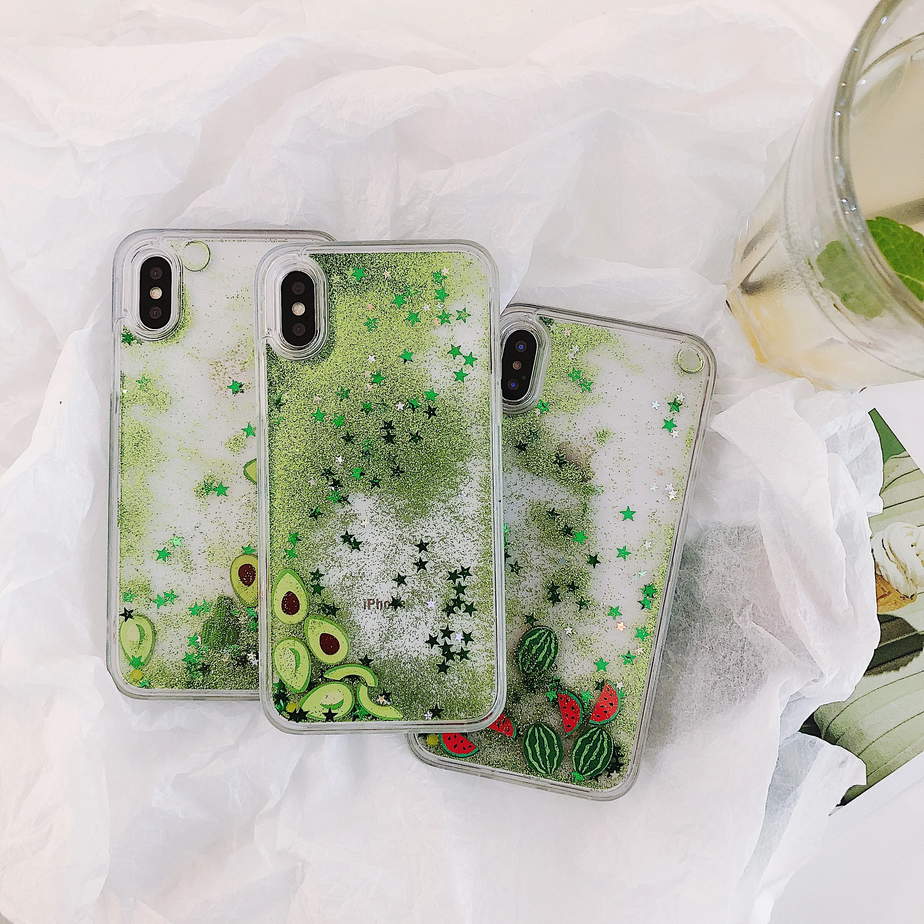 Блестящий чехол с сияющими блестками арбузом авокадо для iPhone XR X XS Max Flower Liquid Fruit Back