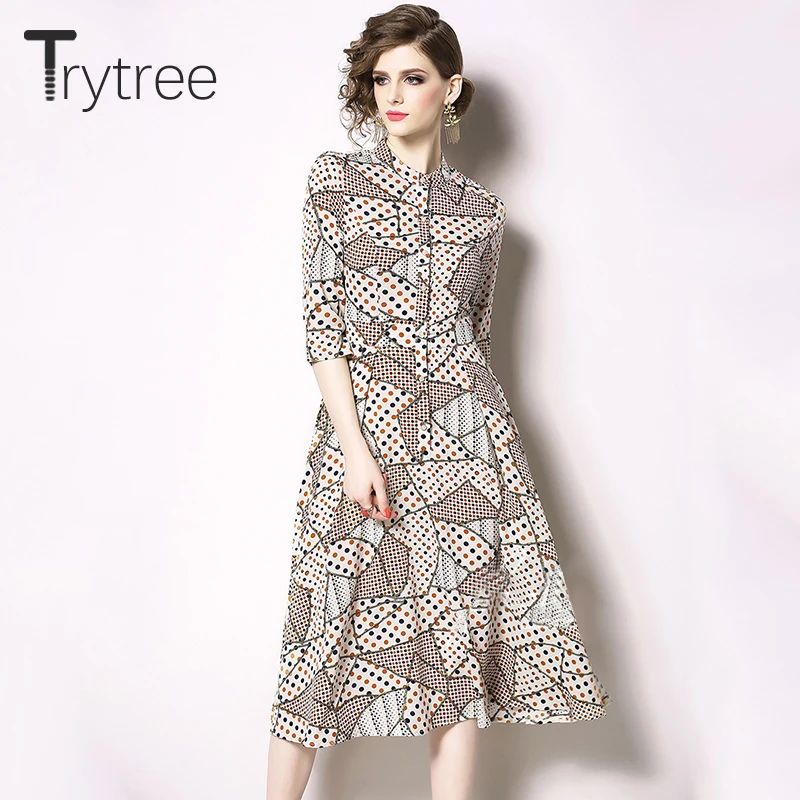 Trytree, летнее, осеннее платье, винтажное, в горошек, с геометрическими пуговицами, платье-рубашка, полиэстер, до середины икры, ТРАПЕЦИЕВИДНОЕ, офисное, женское платье