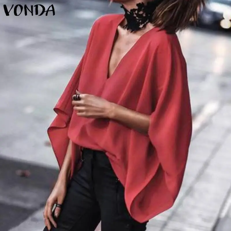 Женская блузка с длинным рукавом VONDA Повседневная Свободная v-образным вырезом