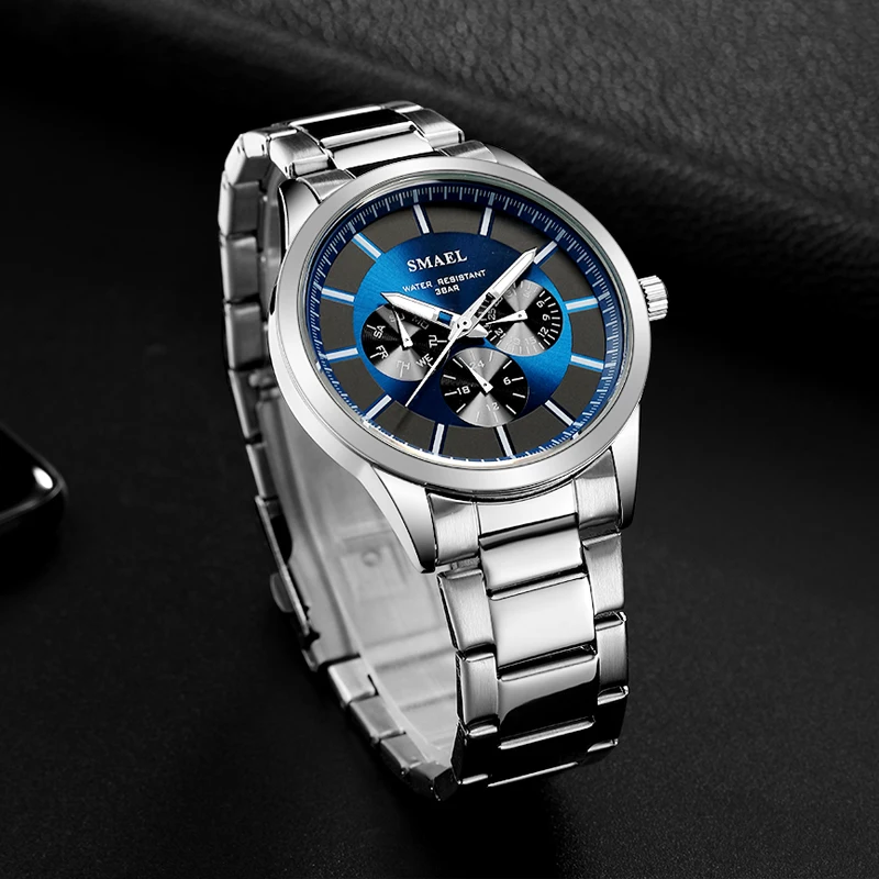 

SMAEL New Outdoor Waterproof Sports Watch For Men Steel Strap Calendar Fashion 6-pin Business Watches Men's Quartz Wristwatches