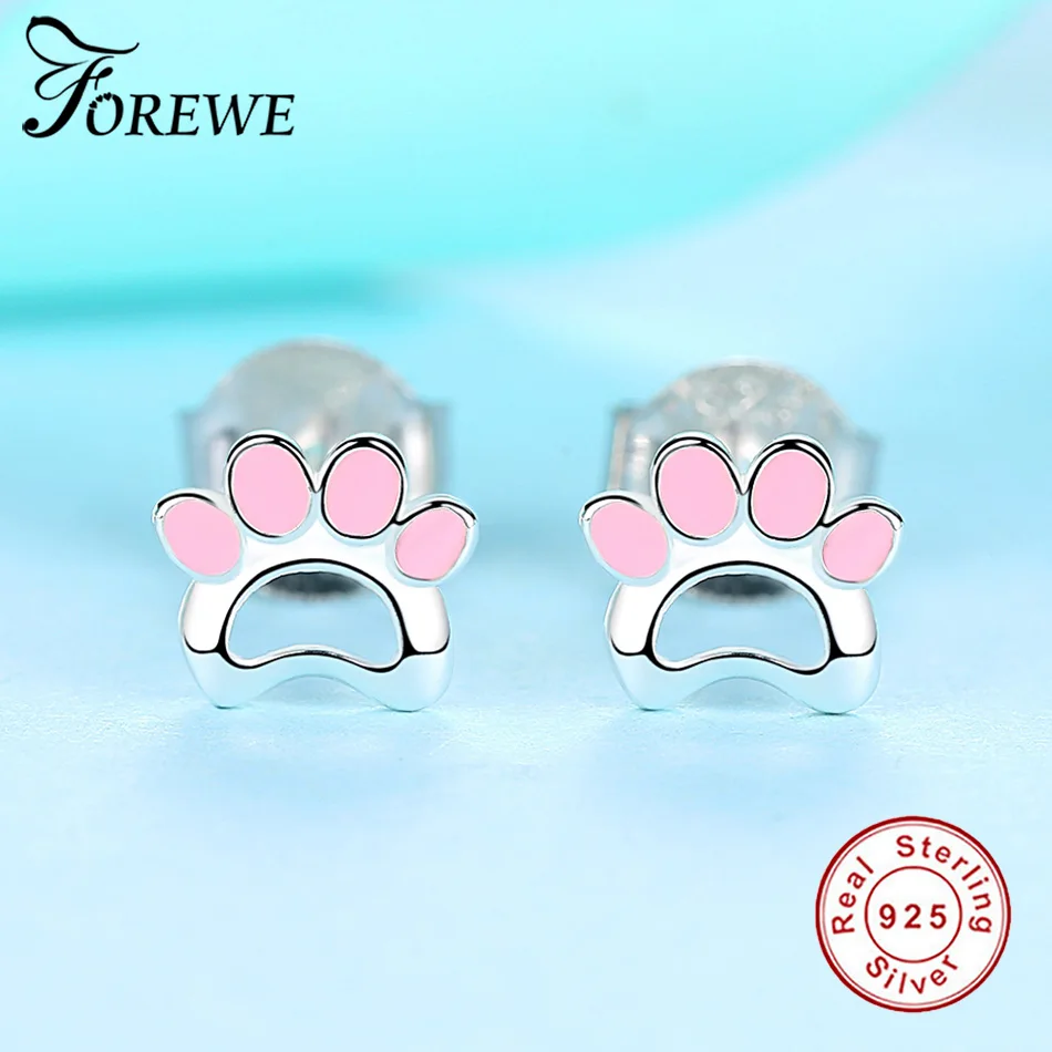 FOREWE Authentic 925 Sterling Silver Cute Earrings Pink Enamel Cat Footprints Stud for Women Girls Kids Fashion Jewelry | Украшения и