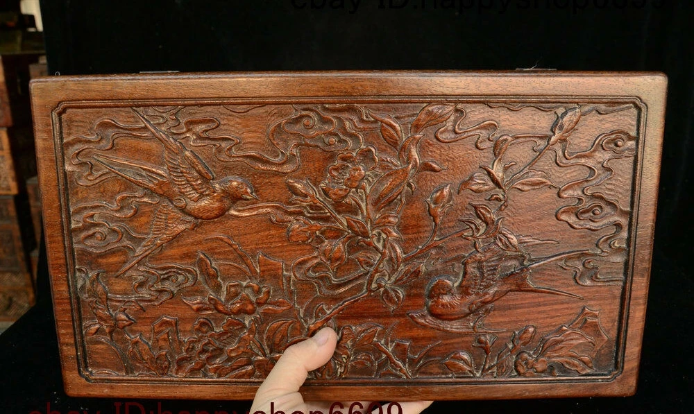 

16" China Huang Huali Wood Flower Storage Jewelry Box Treasure Chest Case Statue