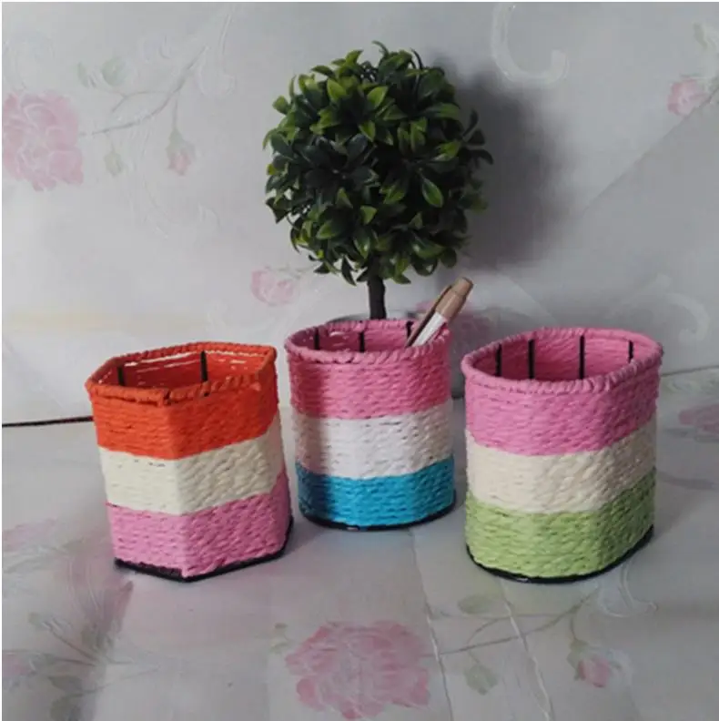 Creative Color rope braided small pen container Desktop office containing round oval/Hexagon pen holders random color organizer