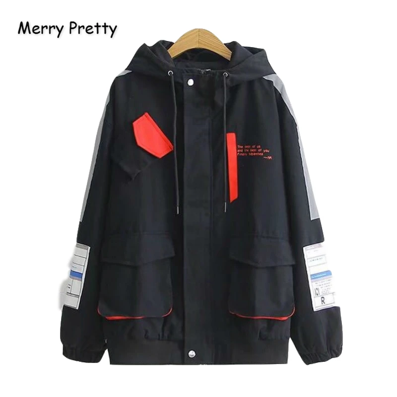 Женская куртка на молнии с аппликацией Merry Pretty Черная длинным рукавом и капюшоном