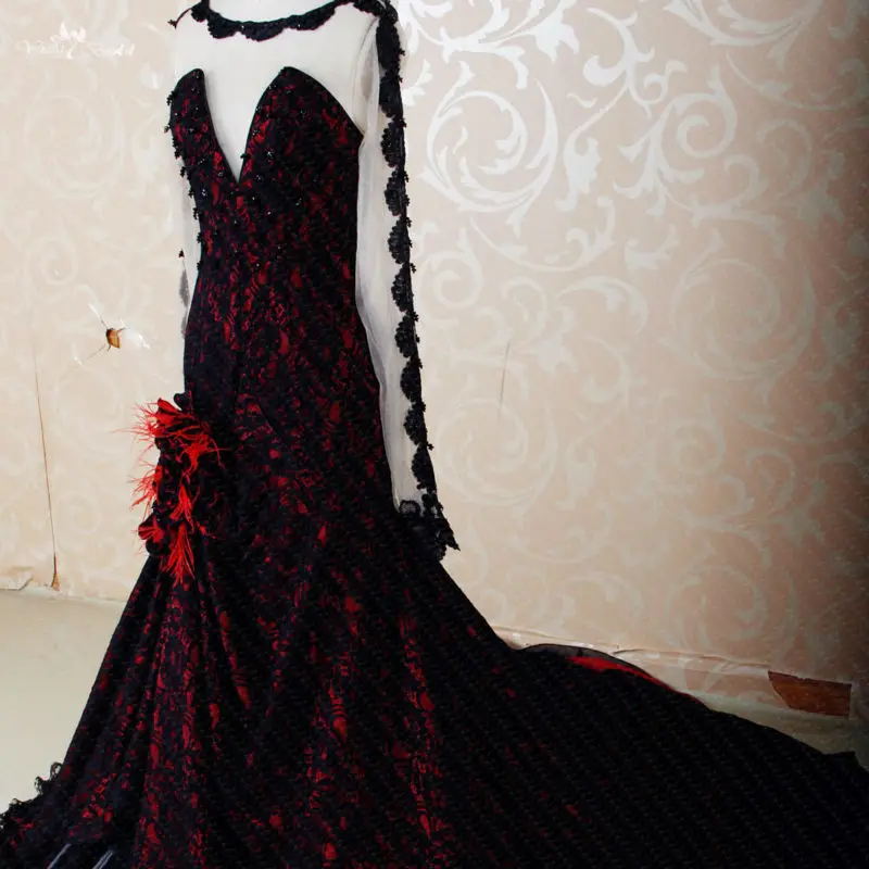RSE270 высокое качество Yiaibridal вырез лодочкой с длинным рукавом Русалка Свадебные платья Красный черный кружево свадебное платье