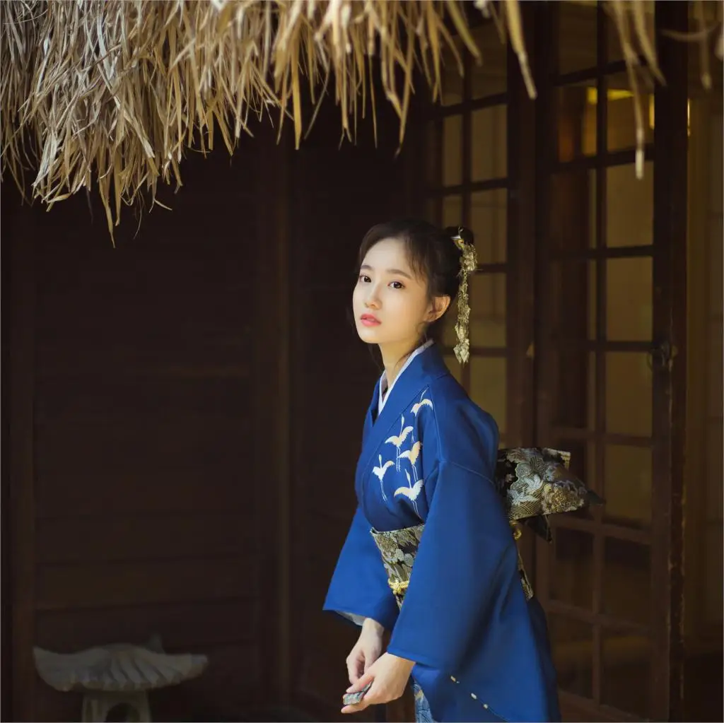 

2019 SELLWORLDER Japanese Kimono Style yukata retro Girl blue dress Woman crane print Long Dress with handbag