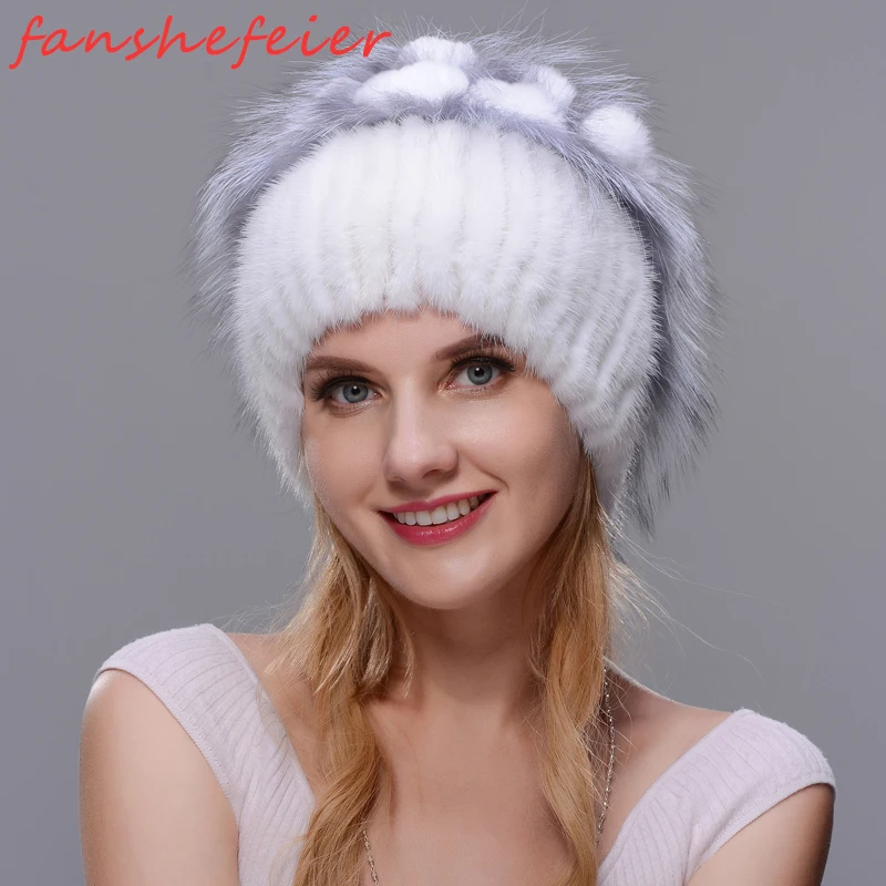 Русская вязаная шапка FANSHEFEIER с оттером и лисой натуральным мехом зимняя женская