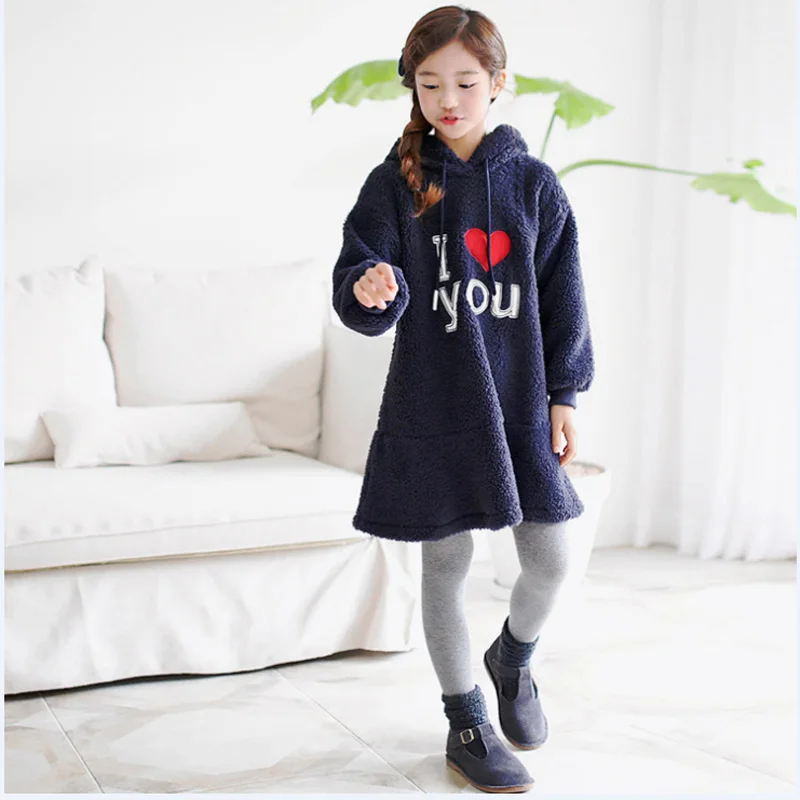 

2018 Autumn Winter Baby Dress for Girls Thickened Hooded Casual Printed Letter Sweet Dresses For Kids Clothes vestidos de nina