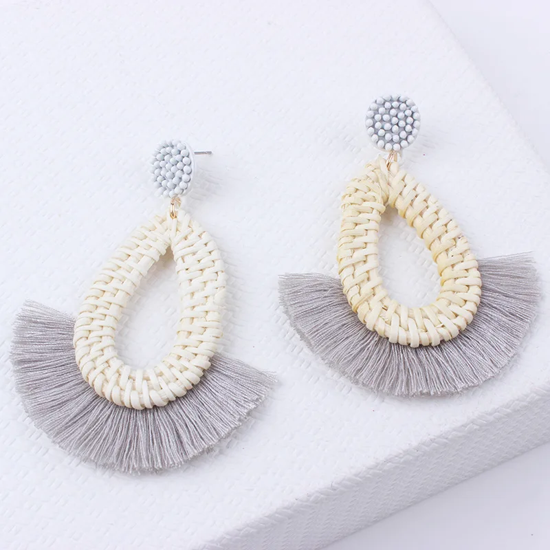 STRATHSPEY Handmade Tassel Earrings For Women Geometric Straw Rattan Earring Ethnic Wood Fringe Earing pendientes | Украшения и