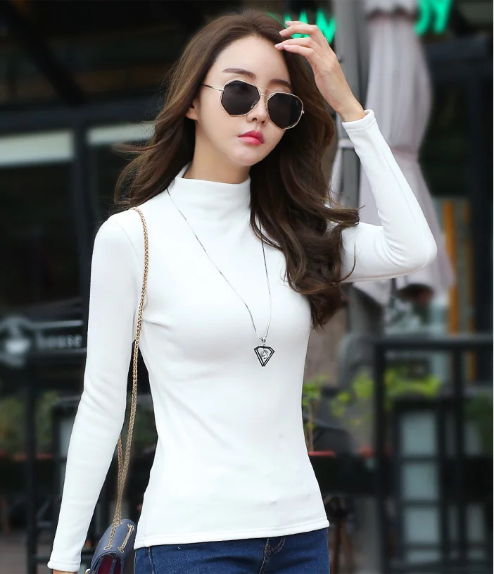 white no velvet Корейская женская футболка, зимняя Вельветовая Толстая Водолазка с длинным рукавом, Женская Универсальная футболка, Женская мода - Цвет: white no velvet