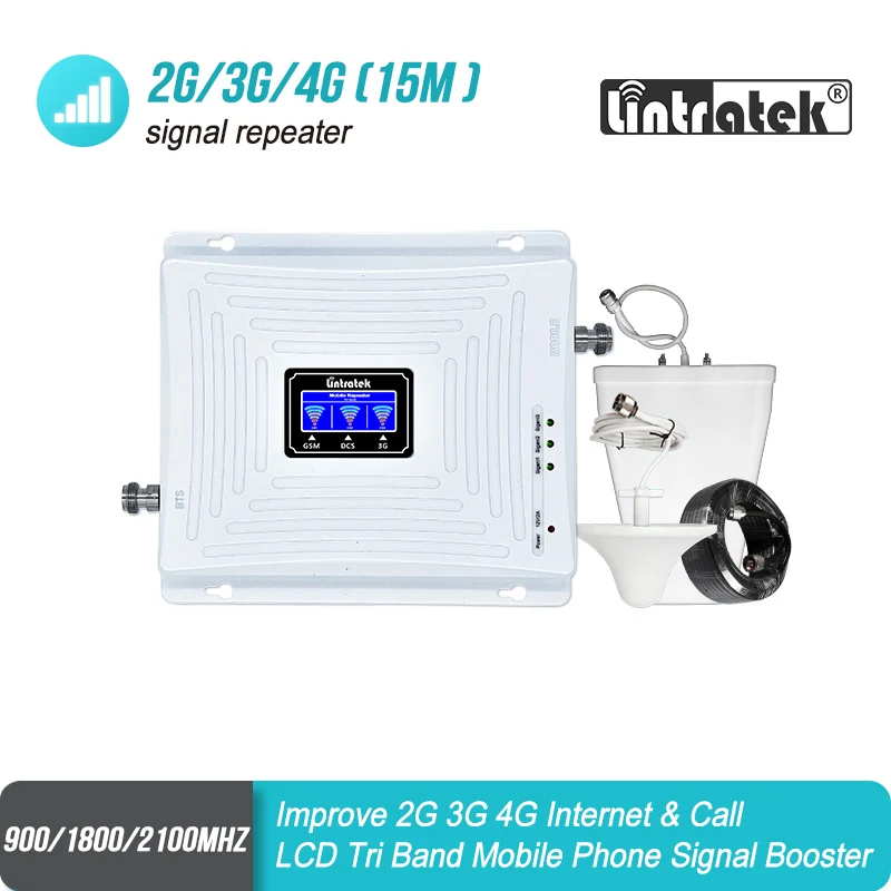 Lintratek 2G GSM 900 3G 2100 LTE 1800 усилитель сотового сигнала трехполосный повторитель ЖК