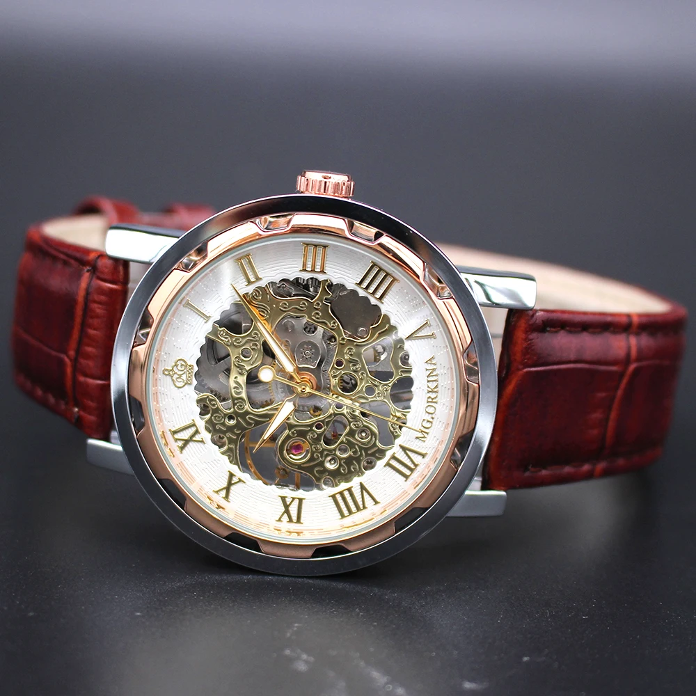 Мужские наручные часы ORKINA розовое золото механические с кожаным