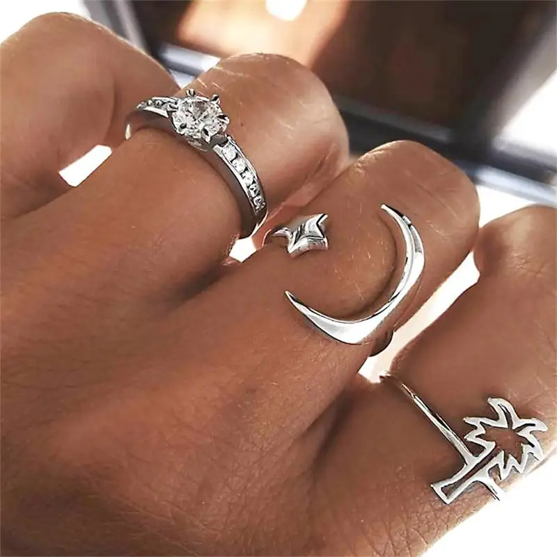 

3 Pcs/Set Women Moon Star Crown Coconut Tree Crystal Gem Rings Opening Ring Set Simple Personality Jewelry Send Girl Gift