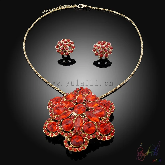 Yulaili Pendant Brooch Necklace Earrings Rhinestone Fashion France Flower Gold Color Plating Two Jewelry Set | Украшения и