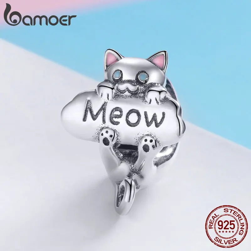 BAMOER подлинный 925 пробы Серебряный озорной бусины кошка Мяу Кошка Животное Шарм подходит браслет DIY ювелирных изделий подарок SCC874