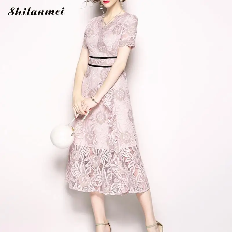 Элегантный Lace A-Line Midi платье Для женщин V шеи халат Винтаж короткий рукав 2018 летние