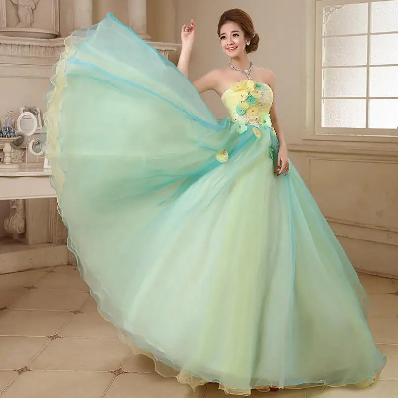 Желтый с Синим Тюль Бретелек Длинные Quinceanera Платья Круг Из Бисера Блестками