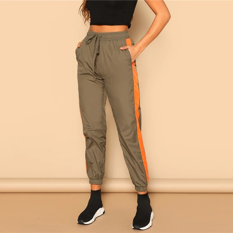 SHEIN Двухцветные Брюки С Кулиской Женские Повседневные Осенние Брюки С Завязками На Талии