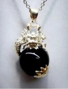 

huij 003925 Black Agate Bead 18KWGP Dragon Pendant & Necklace