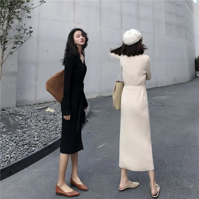 

Long Sleeve Knitted Sexy Dress Autumn Winter Sheath Cotton Dresses Women Pockets Casual Dress Women Vestibules