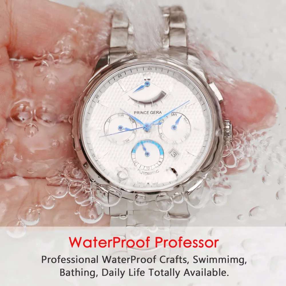 PRINCE GERA роскошные мужские водонепроницаемые механические наручные часы Авто Дата