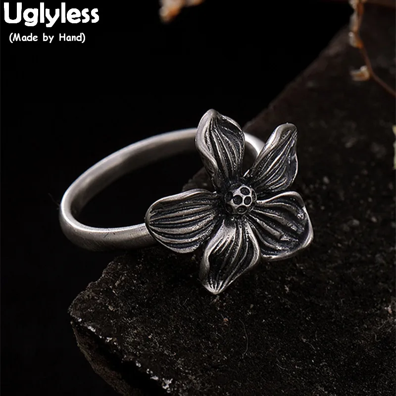 

Uglyless 100% Real Solid 925 Sterling Silver Handmade Thai Silver Flower Rings for Women Open Finger Ring Ethnic Fine Jewelry