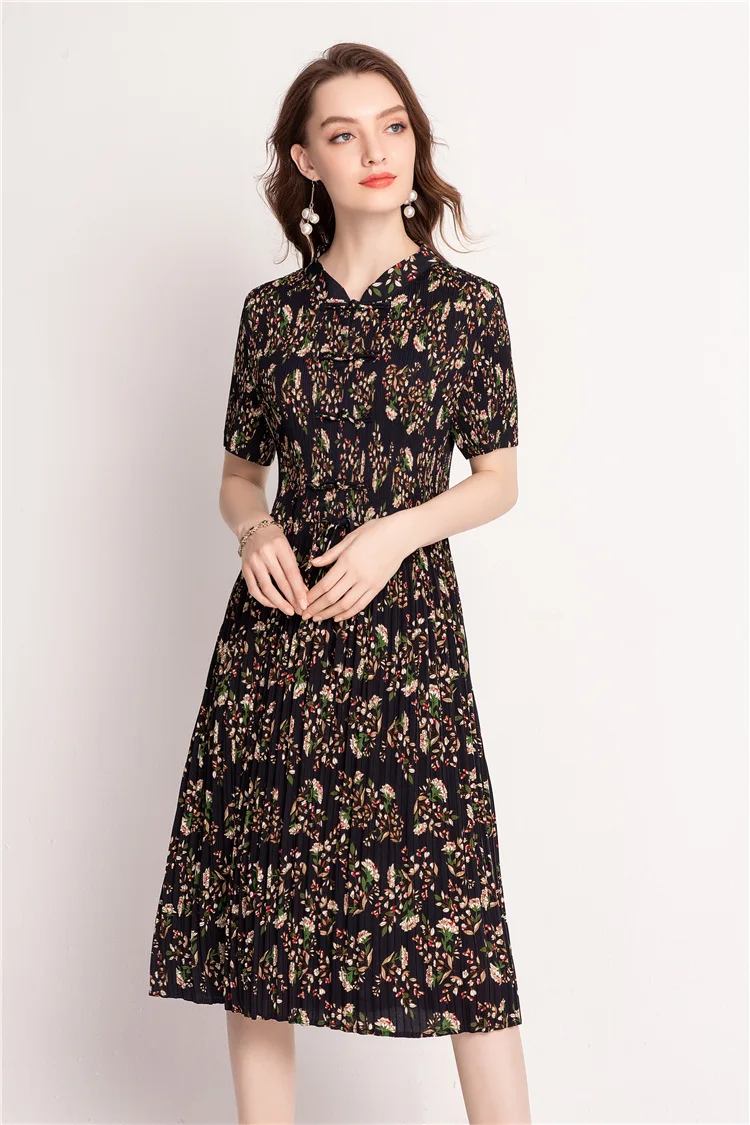 

Miyake Retro High-end Atmosphere Chinese Buckle Modified Casual Floral Dress Jianing