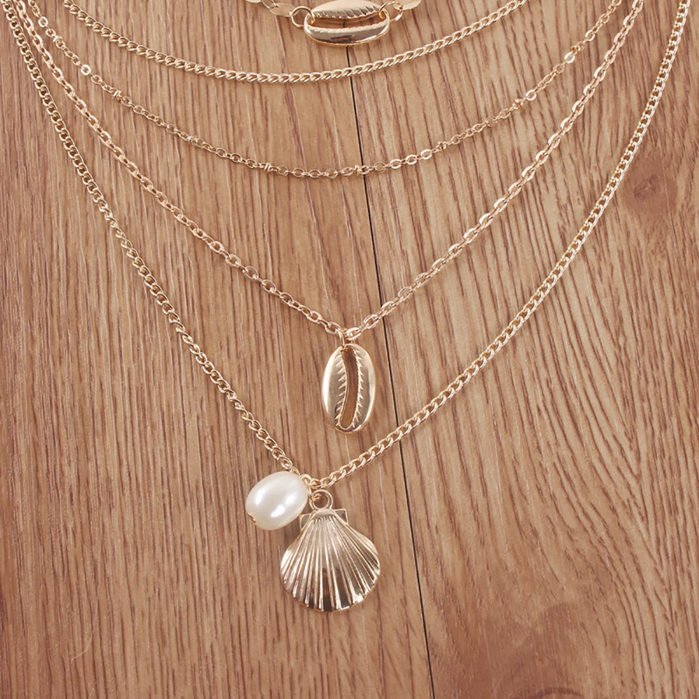 Boho Beach Women Multi-layer Faux Pearl Shell Pendant Paillette Chain Necklace New Hot | Украшения и аксессуары