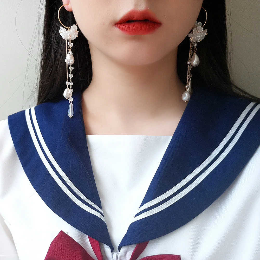Dominated 2019 Fashion Style Shell Flower Pearl Women Drop earrings Contracted crystal long tassel |