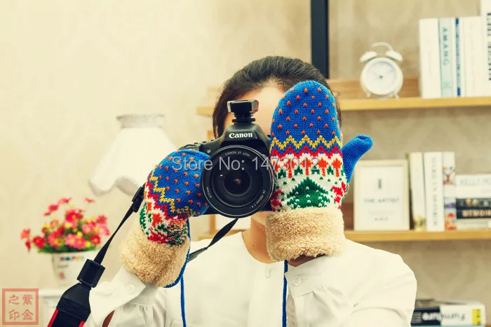 Women Bohemian Christmas Trees Wool Winter Gloves With Plush Mouth Warm Mittens Mitts Mujer Luvas De Inverno Free Shipping | Дом и сад