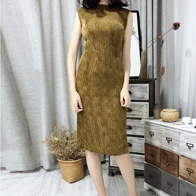 HOT SELLING Miyake Fashion sleeveless o-neck fold dress solid original design IN STOCK | Женская одежда