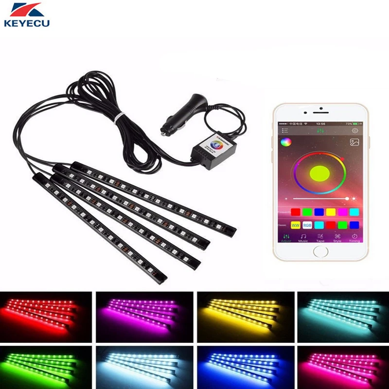 KEYECU 4x 7 цветов 12LED Автомобильные светодиодные интерьерные декоративные полосы