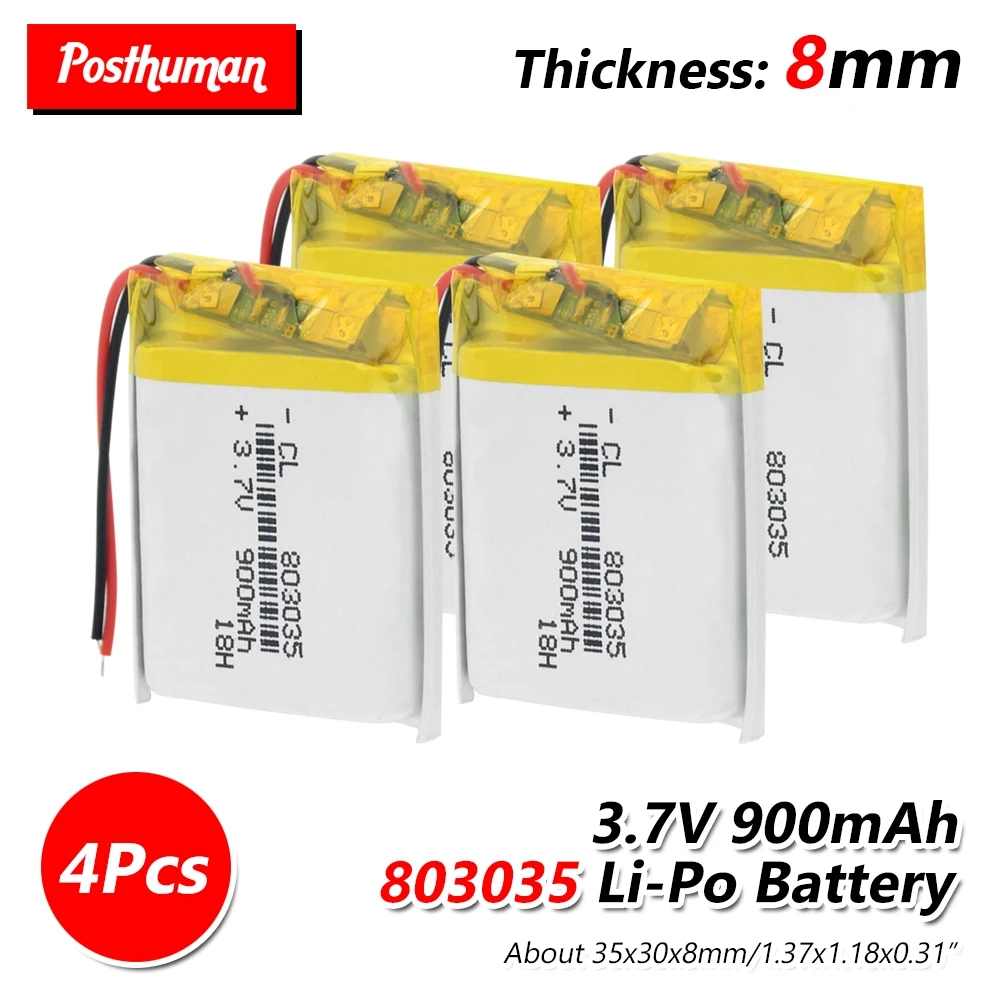 4Pcs Перезаряжаемый литий-полимерный аккумулятор 900 mah 3,7 V 803035 литий-ионный аккумулятор для dvr, gps, mp3, mp4, mp5 power bank, динамик увлажнитель - Цвет: 4Pcs