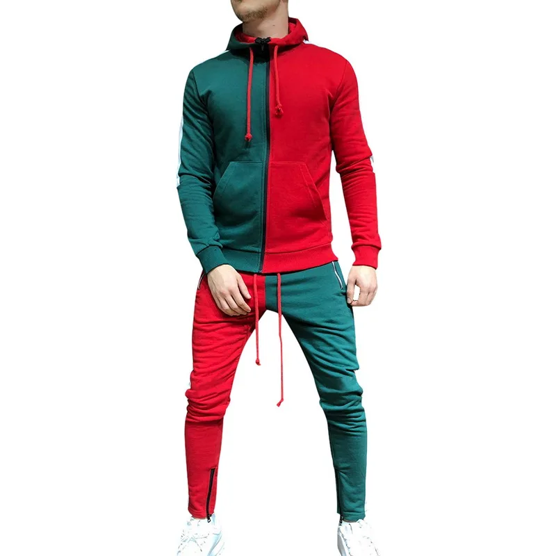 Red-Green Set 2 шт., уличный тренировочный костюм-печворк, мужская куртка худи+ бриджи для бега, Homme, комплект спортивной одежды в полоску, повседневная мужская одежда на шнурке - Цвет: Red-Green Set