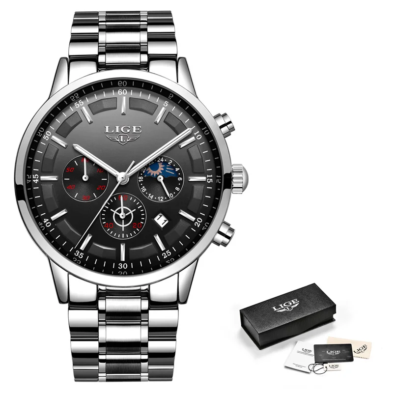 Silver black Relojes часы мужские LIGE модные спортивные кварцевые часы мужские s часы Топ бренд класса люкс Бизнес водонепроницаемые часы Relogio Masculino - Цвет: Silver black