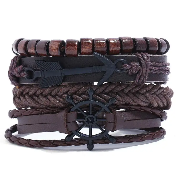 Punk Rock Vintage Fashion Handmade Bracelet Genuine Leather Arrow Rudder Beads Woven Charm Wristbands Bangle Multi-layer Jewelry | Украшения