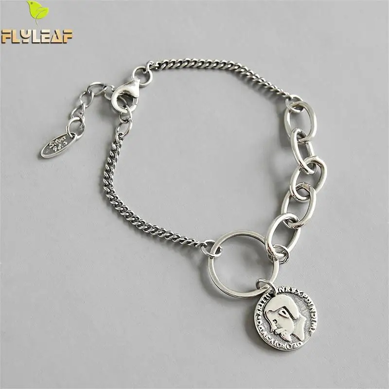 

Flyleaf Round Portrait Coin Chain 100% 925 Sterling Silver Bracelets For Women Fashion Fine Jewelry Bracelets & Bangles Vintage