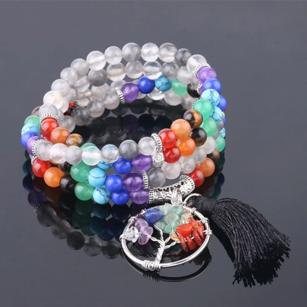 

7 Chakras 6mm Natural Crystal Multi-layer Elastic Wrapping 108 Bracelet Yoga Tree of Life Pendant Long Bracelet for Women Men