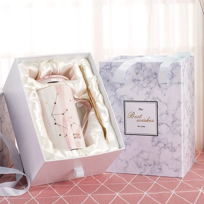 With gift box OUSSIRRO натуральный мрамор 12 созвездие керамическая розовая Зодиак кружка с крышкой кофейные кружки творческая личность чашка 400 мл без свинца - Цвет: With gift box