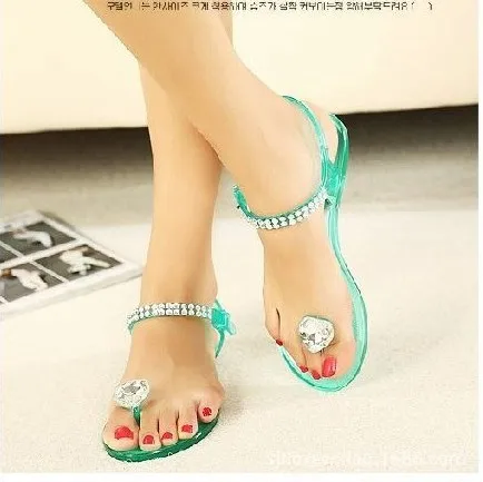 New shoes Korean peach heart rhinestone thong sandals jelly / flat transparent crystal | Обувь