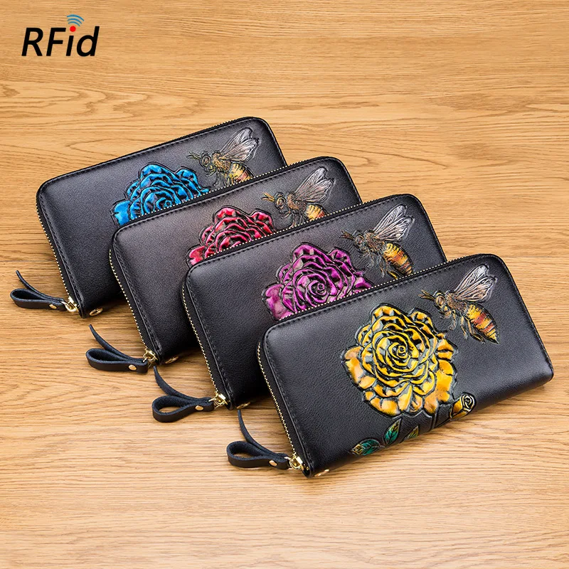 Кошелек женский из натуральной кожи с пчелками и цветами 2020|Женские кошельки| |